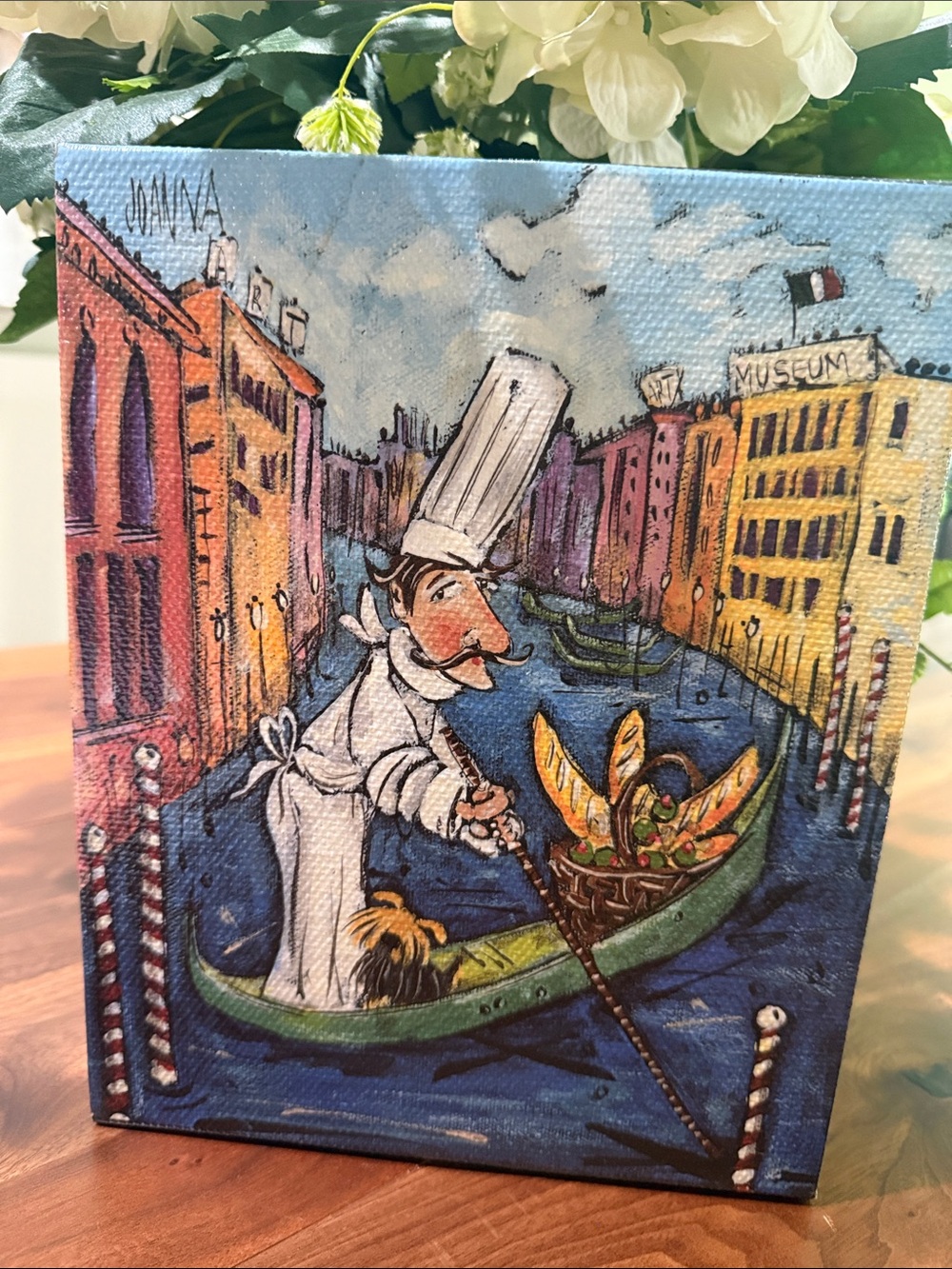 Joanna Chef Illustration Art Print. Chef On Venetian gondola w baguettes & wine.